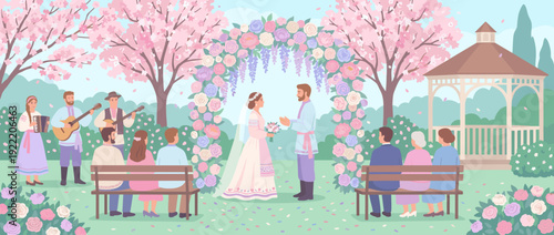 Flat vector illustration of a spring wedding ceremony in an outdoor garden with a floral arch, bride and groom exchanging vows, musicians playing, and guests sitting on benches under cherry trees.