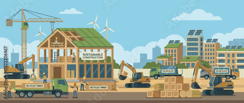 Sustainable construction site flat vector illustration featuring eco-friendly building materials, recycled timber, solar glass, wind turbines, and workers building a green urban environment.
