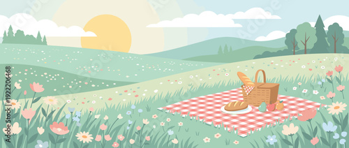 Flat Vector Illustration of a Serene Spring Picnic Scene in a Lush Green Meadow with Blooming Wildflowers, a Red Checkered Blanket, Wicker Basket, Fresh Bread, and Fruit under a Bright Sunny Sky.