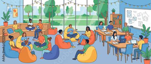 Modern Student Dormitory Common Room Illustration with Diverse Groups of Students Studying on Bean Bags and at Tables, Large Windows with Park View, Collaborative Learning and Socializing Space.