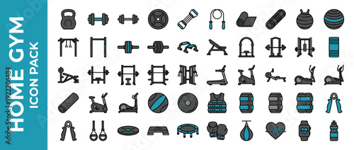 Home Gym Icon Pack with 50 Flat Design Vector Icons of Fitness Equipment, Workout Tools, and Exercise Machines including Treadmill, Dumbbells, Barbell, and Yoga Mat with Teal Accents for Training.