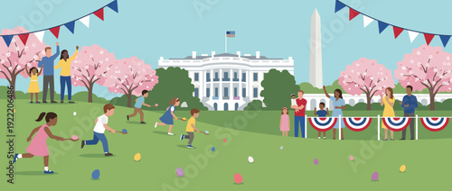 Flat vector illustration of children participating in a traditional Easter egg roll race on the White House lawn with cherry blossoms, families, patriotic bunting, and Washington Monument.