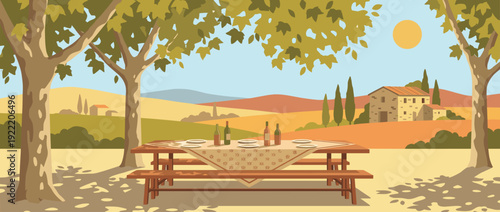 Flat vector illustration of a traditional Provencal outdoor dining scene with a long wooden table set for lunch under plane trees, overlooking rolling hills, cypress trees, and a stone farmhouse.