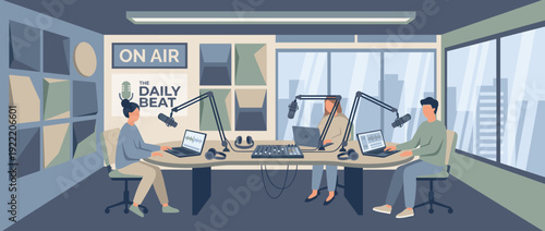 Flat Vector Illustration of a Modern Podcast Recording Studio with Three People Broadcasting Live. Features Professional Microphones, Sound Mixer, Laptops, Soundproofing, and City View Window.