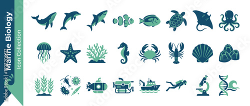 Comprehensive Marine Biology Icon Collection with 24 Flat Vector Illustrations of Ocean Life, Sea Creatures, Underwater Research Tools, Fish, Mammals, and Science Equipment in Duotone Colors.