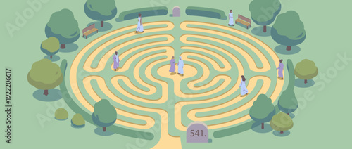 Flat Vector Illustration of a Peaceful Community Labyrinth Garden with People Walking for Meditation, Mindfulness, and Spiritual Calm in a Serene Outdoor Park Setting with Trees and Benches.