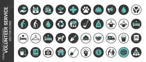 Comprehensive Set of 40 Volunteer and Community Service Vector Icons for Charity, Non-Profit, Social Work, Humanitarian Aid, Donation, Education, Health, and Environmental Support Symbols.