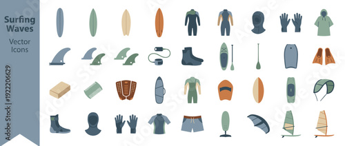 Flat Design Vector Icon Set of 32 Surfing and Wave Riding Equipment Items in a Muted Editorial Palette. Includes Surfboards, Wetsuits, Fins, Leashes, Paddles, Bodyboards, and Windsurfing Gear.