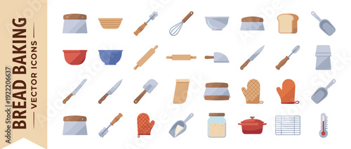 Artisan Bread Baking Tools Vector Icon Set of 32 Flat Design Elements with Smooth Gradients Including Bowls, Rolling Pins, Knives, Oven Mitts, Scrapers, Whisks, Flour Scoops, and Cooling Racks.