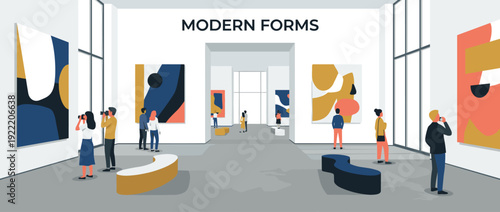 Flat vector illustration of a modern art gallery titled Modern Forms featuring abstract paintings and visitors. Minimalist museum interior with people viewing contemporary art in a clean hall.
