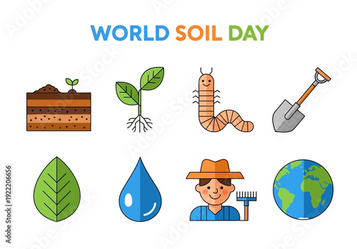 World Soil Day celebration with icons representing earth, plants, and farming for environmental awareness