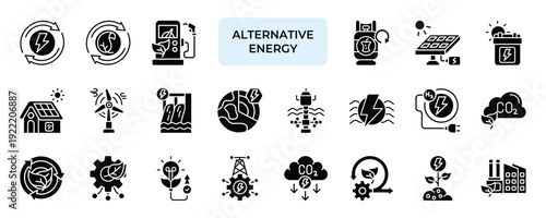 Alternative Energy Icon set Collection in Solid Glyph Style. renewable, sustainability, biofuel, ethanol, solar, battery