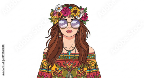 Young woman with long brown hair wearing colorful floral crown and bohemian style clothing with sunglasses