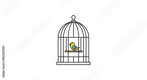 Colorful yellow bird sits on a perch inside a black wire cage with a dome top on white background