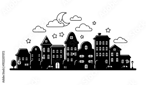 Cartoon Style Night City Landscape with Moon and Stars Vector Illustration Isolated on White Background
