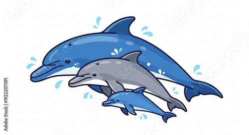 Three dolphins swimming together in ocean water blue and gray marine mammals in a playful aquatic scene