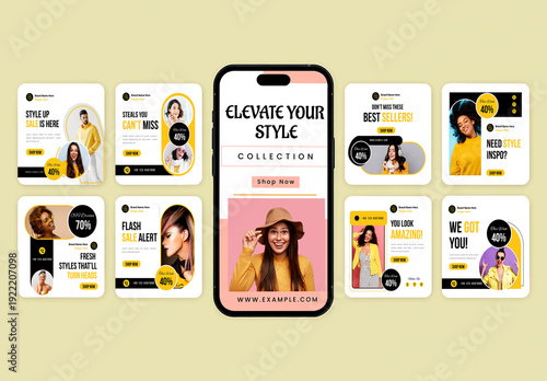 Fashion Social Media Post Mockup Set with Smartphone Mockup
