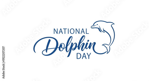 National dolphin day logo with dolphin jumping out of water blue text on white background celebration symbol