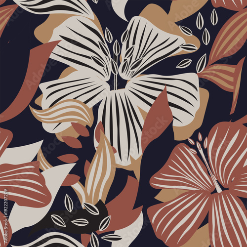 Floral Textile Design Seamless Pattern For Fashion And Graphics Botanical Print With Flowers And Leaves In Navy Beige And Terracotta.