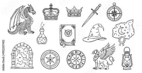 Hand Drawn Ancient Fantasy Icons with Dragon Crown Compass and Mythical Symbols Vector Illustration