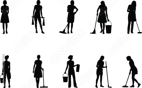 Female cleaner silhouettes set showing women cleaning poses housework service workers outline figures isolated on white background vector illustration