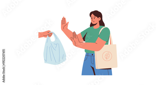 Woman Refusing Plastic Bag With Reusable Tote Bag, Eco-Friendly Lifestyle