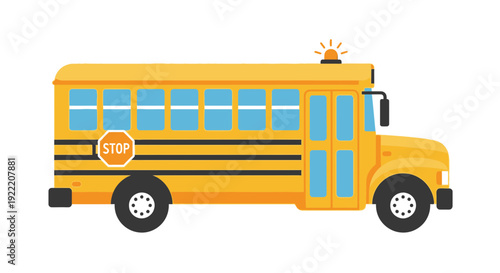 Yellow School Bus with Stop Sign and Flashing Light - Vector Illustration