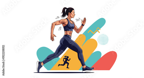 Fit woman in athletic wear running fast against colorful abstract background representing inner strength, health and motivation.