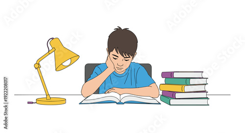 Young boy focused on reading an open book at his desk with a yellow study lamp and a pile of colorful books in a room.