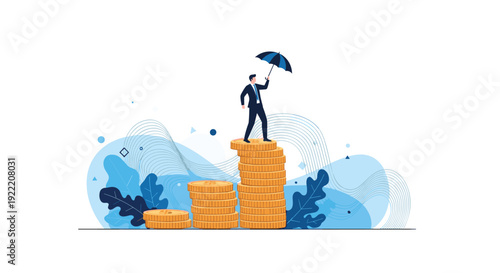 Successful businessman holding a blue umbrella while standing on top of high stack of gold coins representing financial growth and stability.