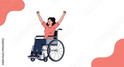Happy woman in a wheelchair celebrating with her arms raised in excitement and victory against a simple white background.