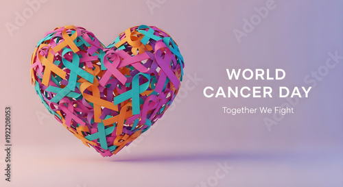 colorful cancer awareness ribbons forming a heart shape for world cancer day observance together