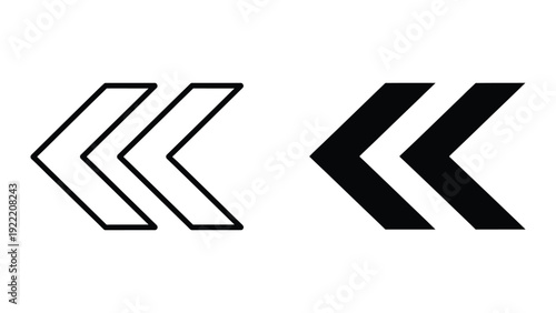 Double Left Arrows Icon Set in Outline and Solid Black Flat Style