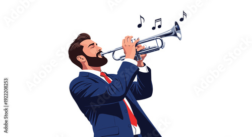 Professional musician in a formal blue suit playing a silver trumpet with musical notes floating around him.