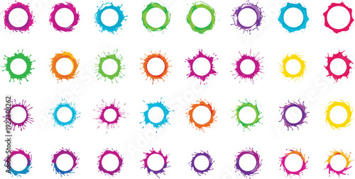 Vibrant colorful paint splatter circles in various hues and styles