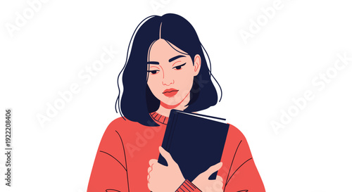 Young girl with short dark hair holding a black book close to her chest with a thoughtful expression.