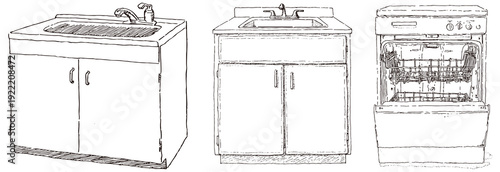Hand Drawn Kitchen Sink and Dishwasher Sketch Set