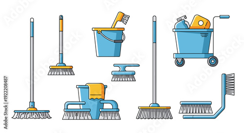 Collection of various professional cleaning equipment like brooms, mops, buckets, and brushes in blue and yellow.