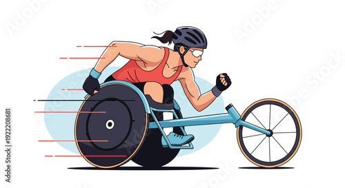 Professional female athlete in a racing wheelchair competing fast with motion lines representing speed and power.