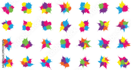 Vibrant Holi festival icons and symbols in colorful illustration