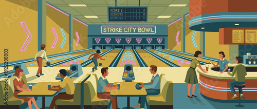 Retro Bowling Alley Interior Illustration with Neon Lane Lights, Vintage Color Palette, People Bowling and Socializing at a Snack Bar, Mid-Century Modern Aesthetic Flat Vector Design