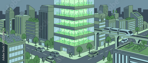 Sustainable Urban Future with Vertical Farm Tower, Solar Panels, Rooftop Gardens, Electric Vehicles, and Monorail in a Flat Vector Cityscape Illustration for Eco-Friendly Technology Concepts.
