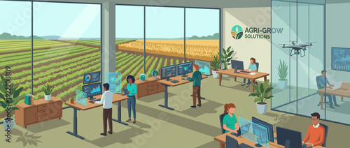 Modern Agritech Startup Office Illustration with Professionals Monitoring Crop Data and Flying Drones Overlooking Vast Agricultural Fields, Smart Farming Technology and Sustainable Agriculture.