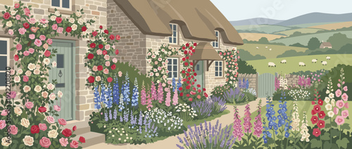 Flat vector illustration of a traditional English cottage garden with stone walls, climbing roses, delphiniums, foxgloves, and lavender. Idyllic rural landscape with sheep and rolling green hills.