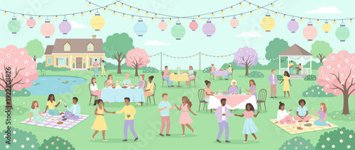 Festive spring garden party with diverse people dining, dancing, and socializing outdoors under colorful paper lanterns, featuring blooming cherry blossoms, a pond, and a cozy house backdrop.