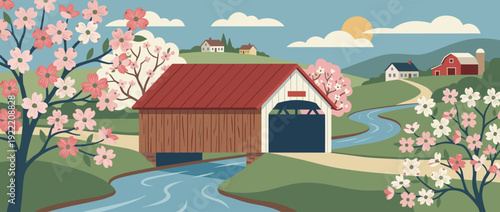 Flat vector illustration of a scenic covered bridge over a winding stream surrounded by blooming pink dogwood trees, rolling green hills, rural farmhouses, and a red barn in a spring landscape.