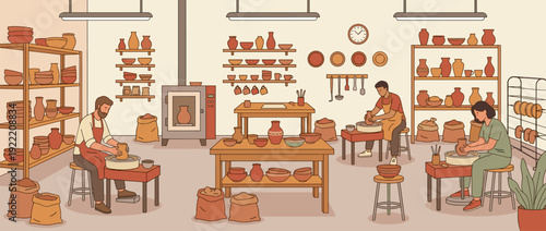 Flat Vector Illustration of a Traditional Pottery Workshop with Artisans Working on Wheels, Shelves Filled with Ceramic Vases and Bowls, Clay Sacks, and a Kiln in a Warm Studio Environment.