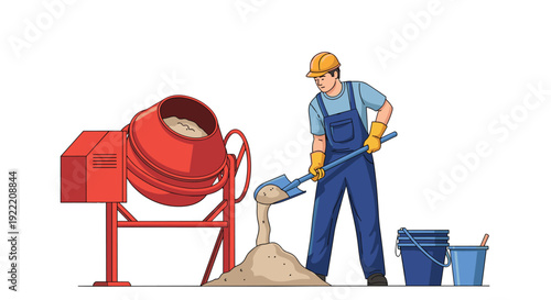 Construction worker in blue overalls and orange helmet mixes cement on the ground using a shovel near a red concrete mixer machine.
