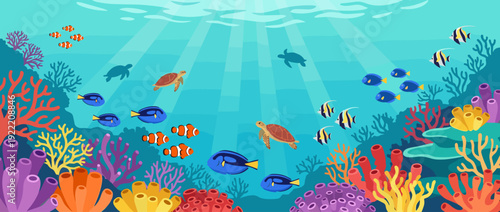 Vibrant Flat Vector Illustration of a Tropical Coral Reef Underwater Scene Featuring Colorful Sea Turtles, Clownfish, Blue Tangs, and Moorish Idols Swimming Among Diverse Corals and Sunbeams.