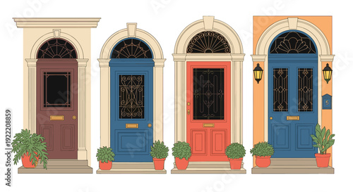 Architectural set of four colorful arched front doors with detailed frames, glass windows, and potted plants.